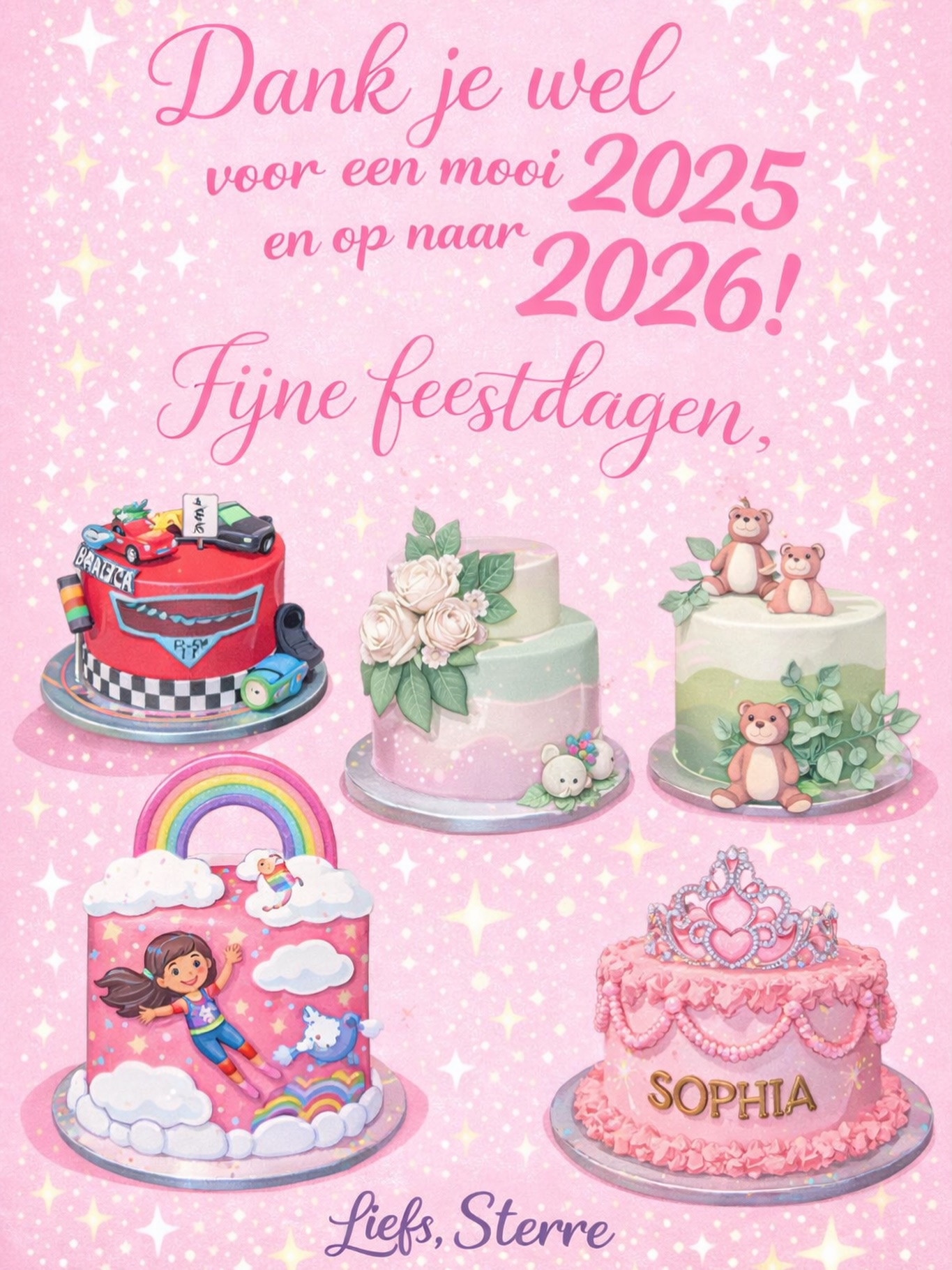 Het was weer een jaar vol mooie thema’s, lieve berichtjes, trouwerijen, verjaardagen, eerste rondjes om de zon vierings, een simpele omdat het kan, een ‘mijn kind mag geen melk maar wil zó graag een themataart’, een ‘kan je alsjeblieft nog een taart bezorgen morgen?’, een ‘mijn kind heeft een plan in zijn/haar en kan jij die werkelijkheid maken?’, een ‘hoi, zijn we weer! Zoals elk jaar.’..
Dank je wel🩷
Van een kleine onderneming, een single mom, naar jullie.
Dank je wel🩷
Tot volgend jaar!